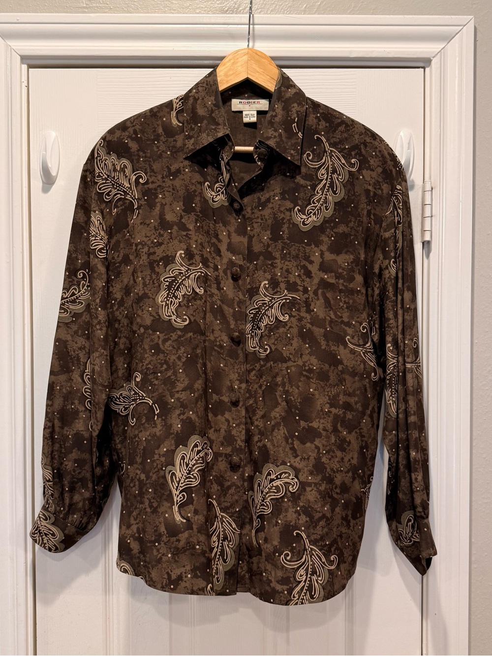 Vintage Rodier 100% Silk Blouse Button Up Brown Leaves Polka Dots Women’s Sz 6
